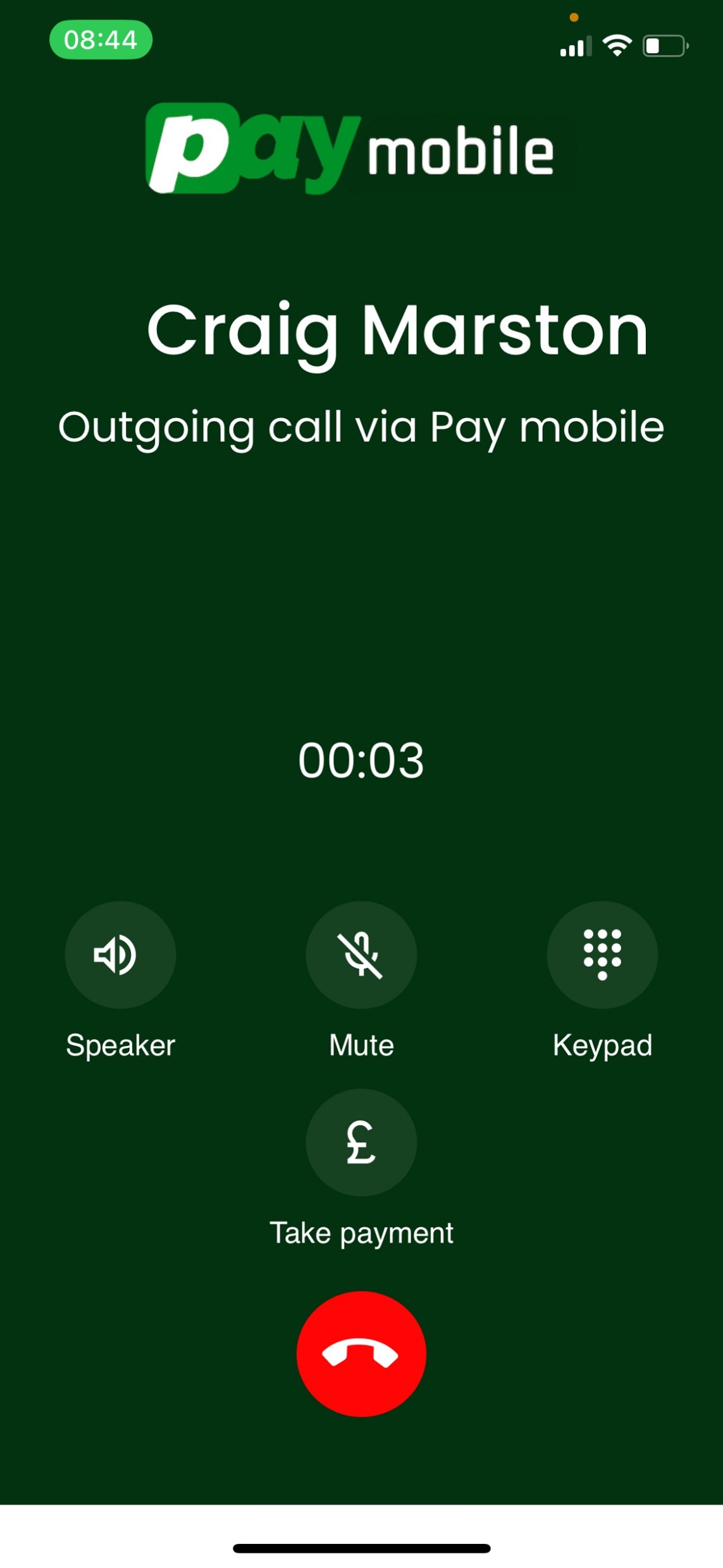 PayMobile phone dialler interface showing secure payment button during active call