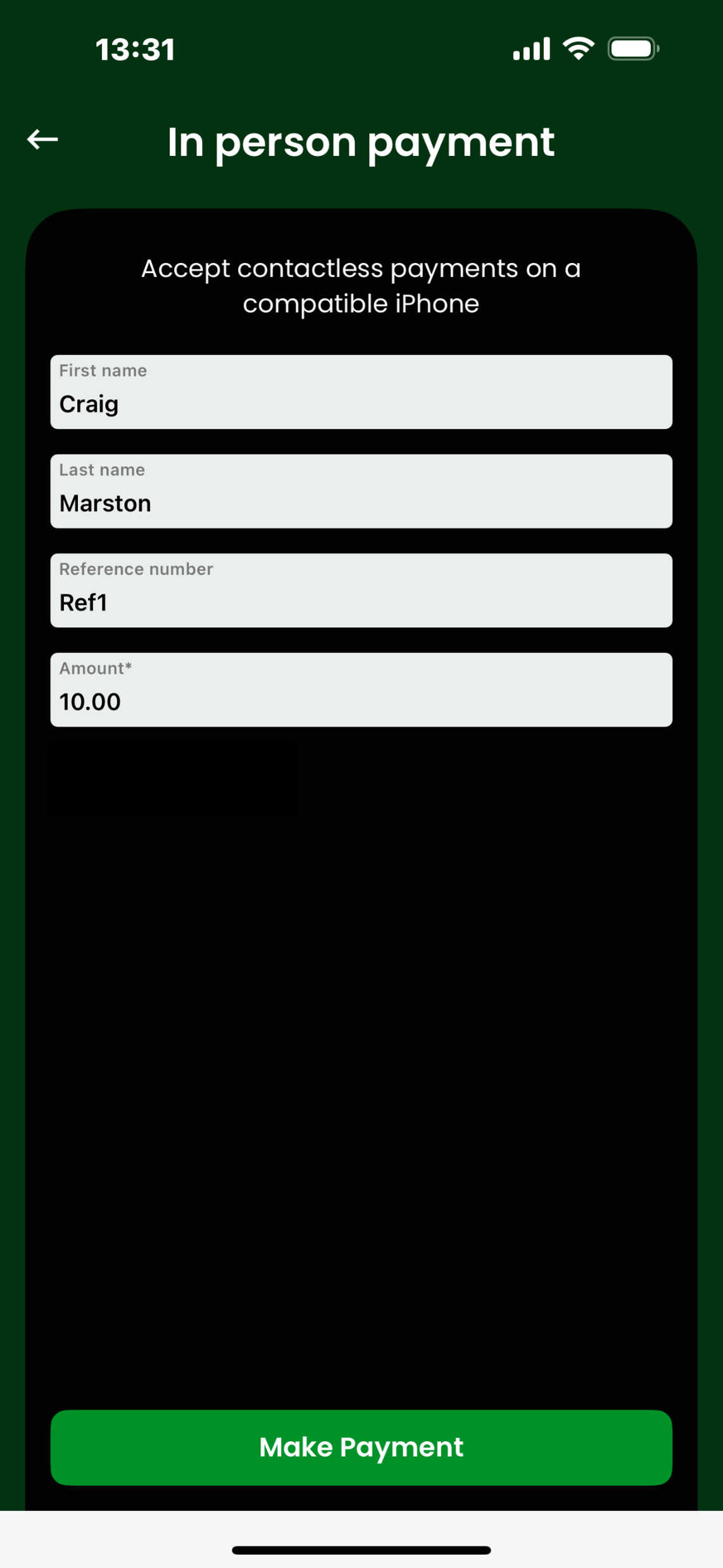 PayMobile in-person payment screen with contactless payment form for Stripe tap to pay