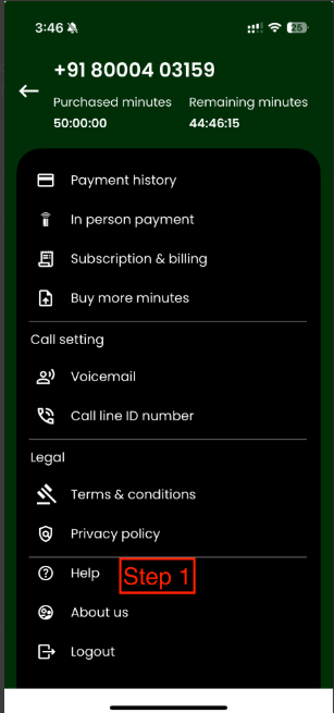 PayMobile main menu showing payment history, in-person payments, voicemail and settings